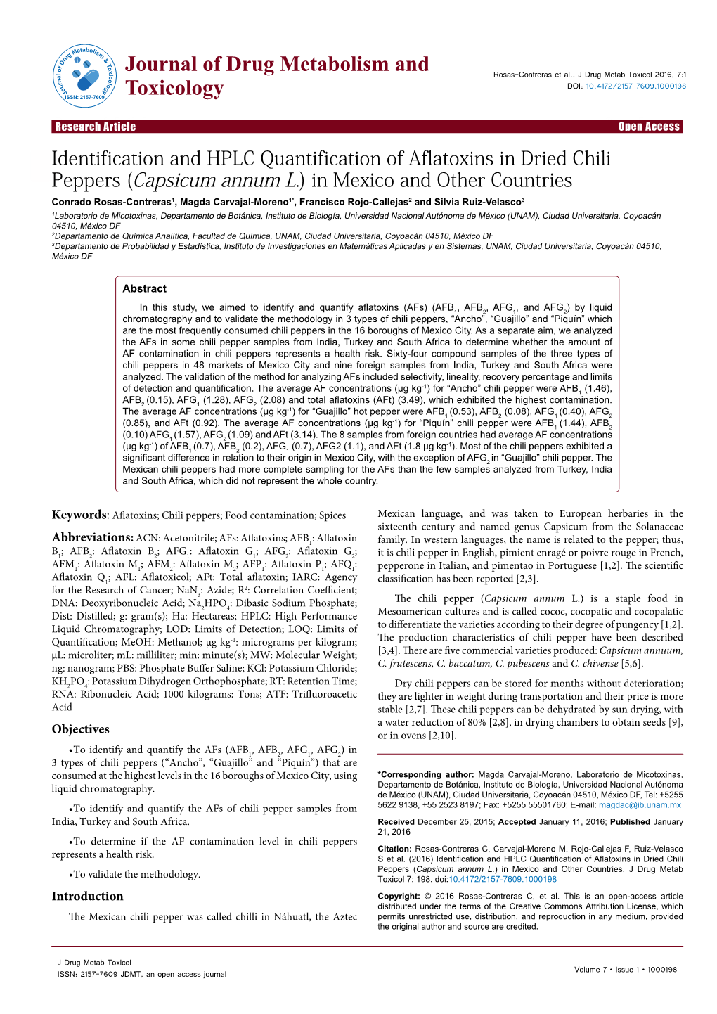 Identification and HPLC Quantification of Aflatoxins in Dried Chili Peppers