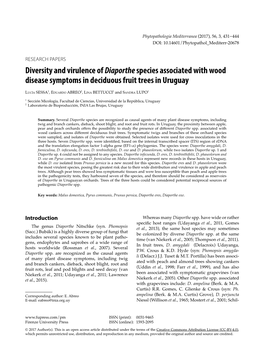 Diversity and Virulence of Diaporthe Species Associated with Wood Disease Symptoms in Deciduous Fruit Trees in Uruguay