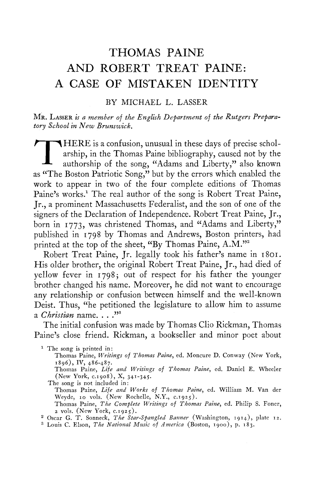 Thomas Paine and Robert Treat Paine: a Case of Mistaken Identity