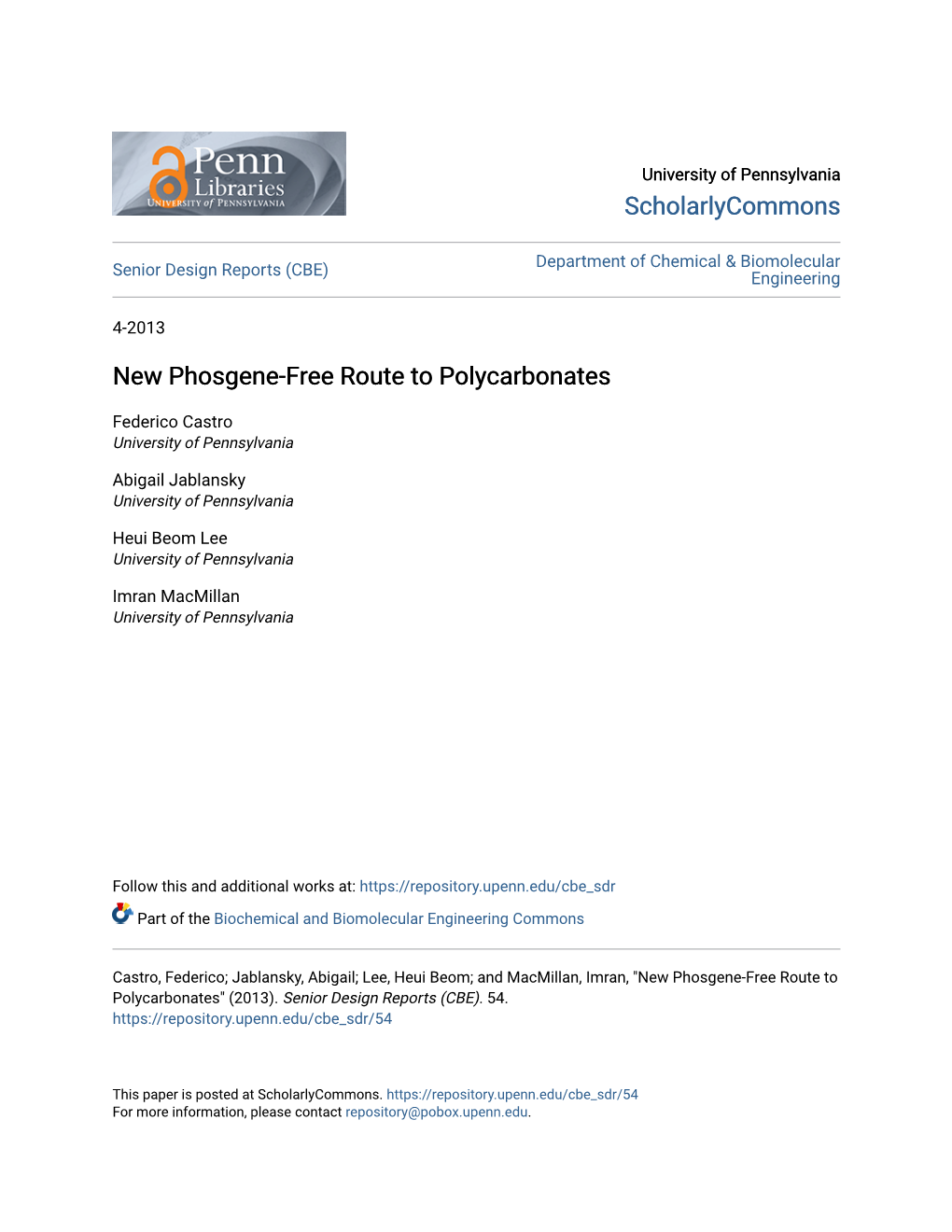 New Phosgene-Free Route to Polycarbonates