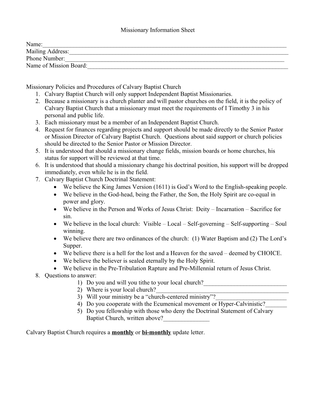 Missionary Information Sheet