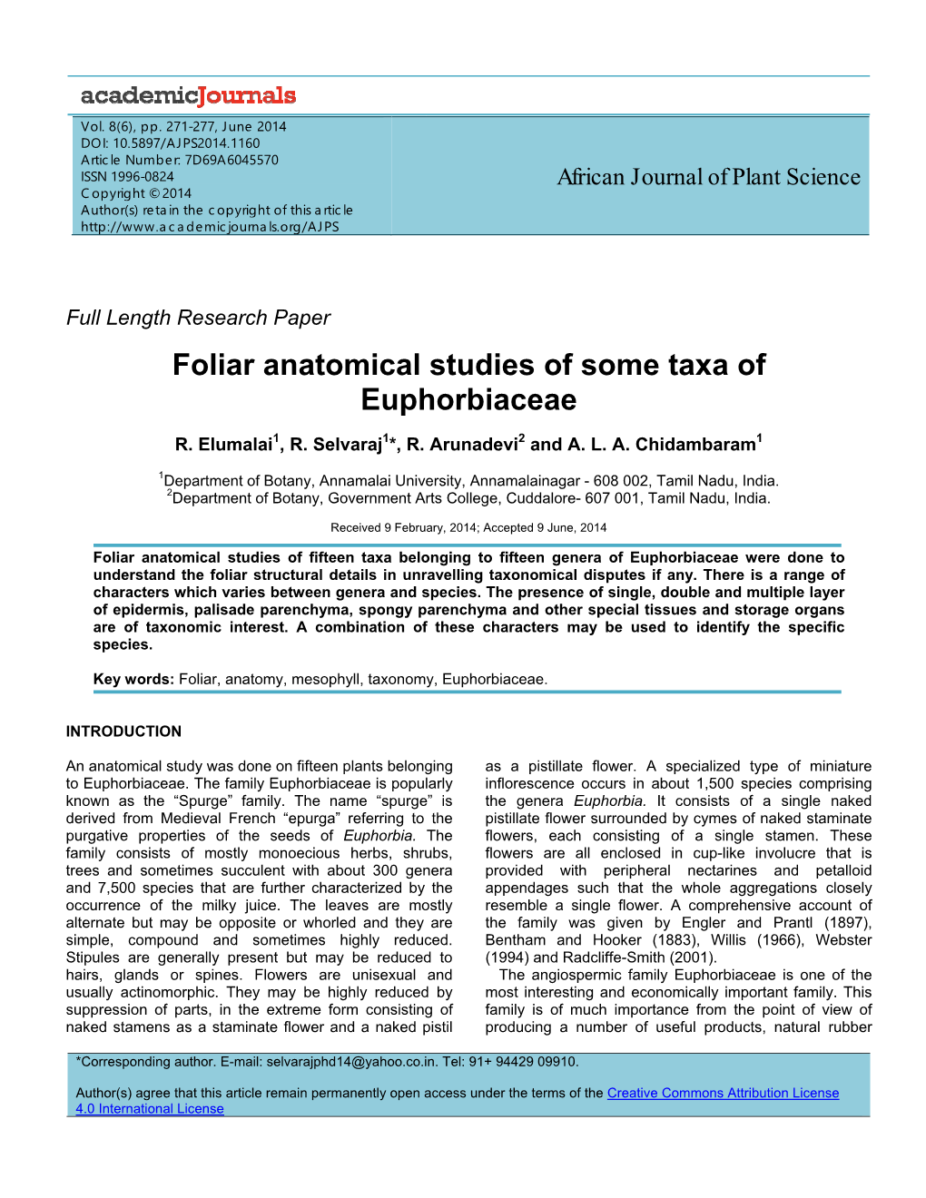 Foliar Anatomical Studies of Some Taxa of Euphorbiaceae