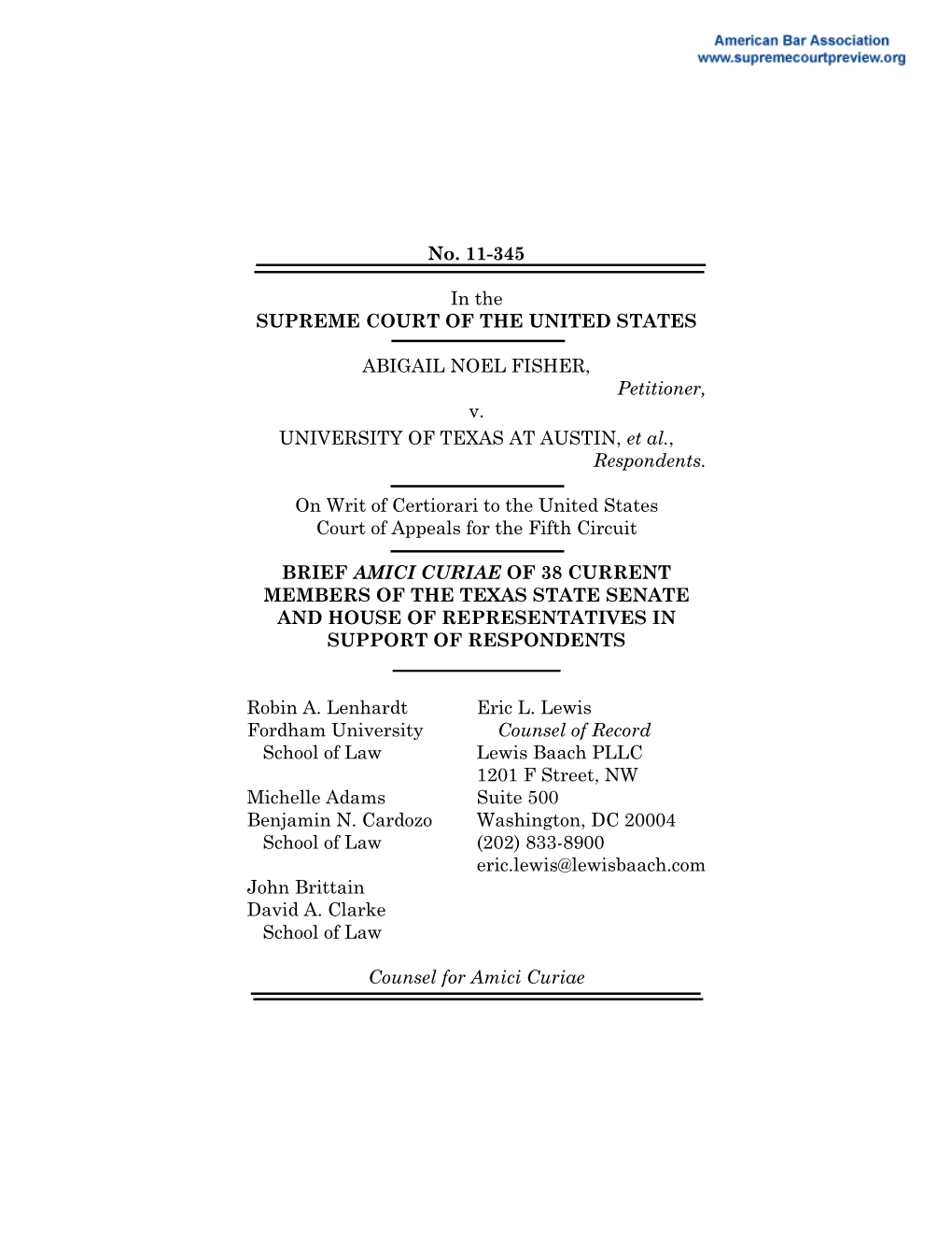 Brief of Respondent for Fisher V. University of Texas at Austin; 11-345