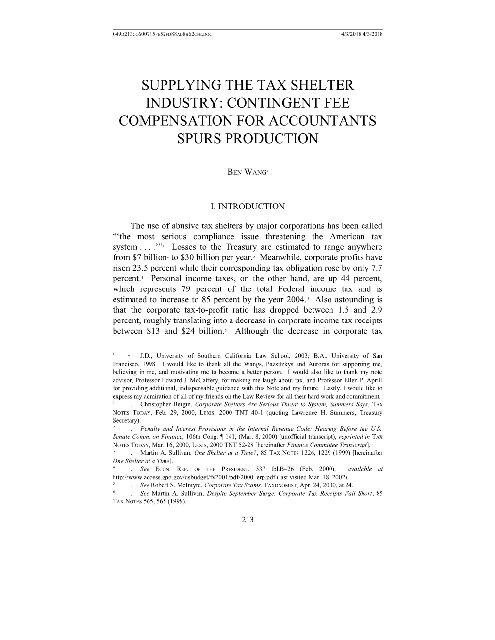 Supplying the Tax Shelter Industry: Accountant Compensation in the Form of Contingent Fees