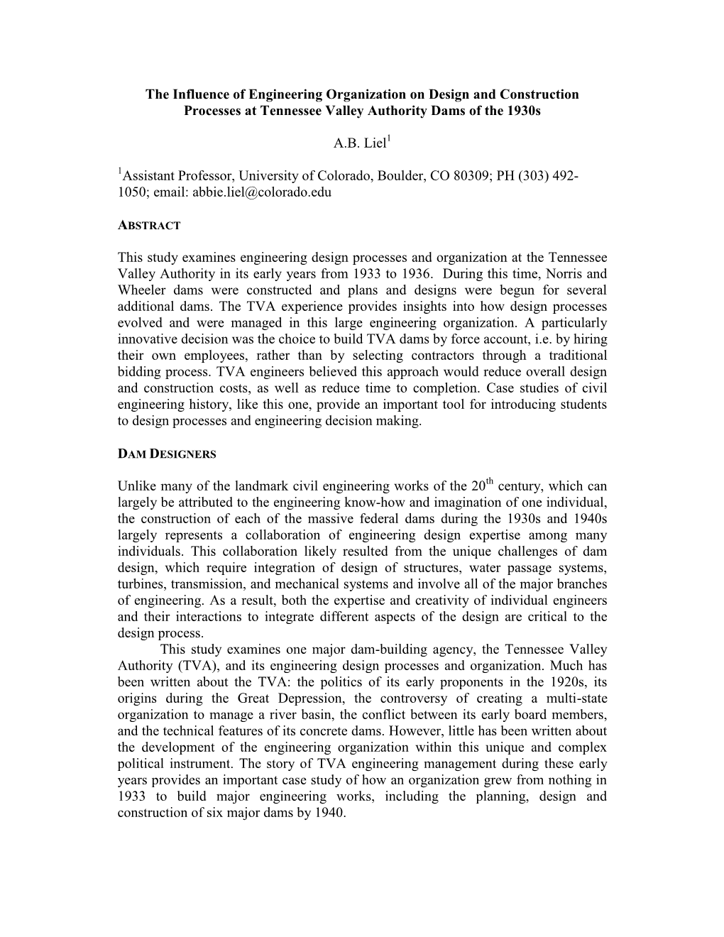 The Influence of Engineering Organization on Design and Construction Processes at Tennessee Valley Authority Dams of the 1930S