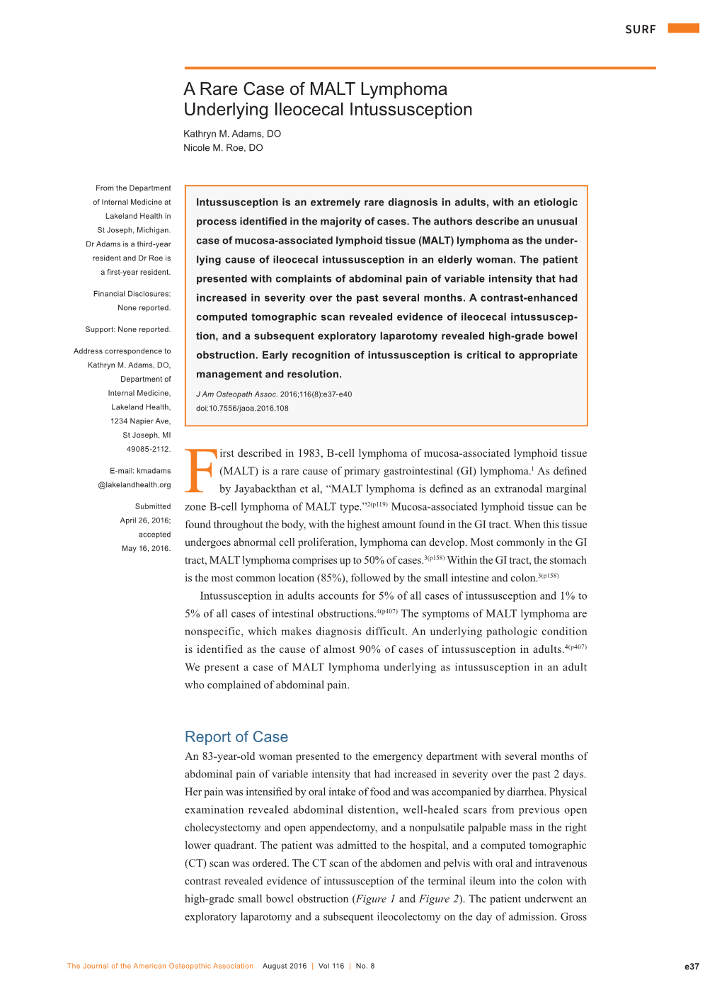 A Rare Case of MALT Lymphoma Underlying Ileocecal Intussusception Kathryn M