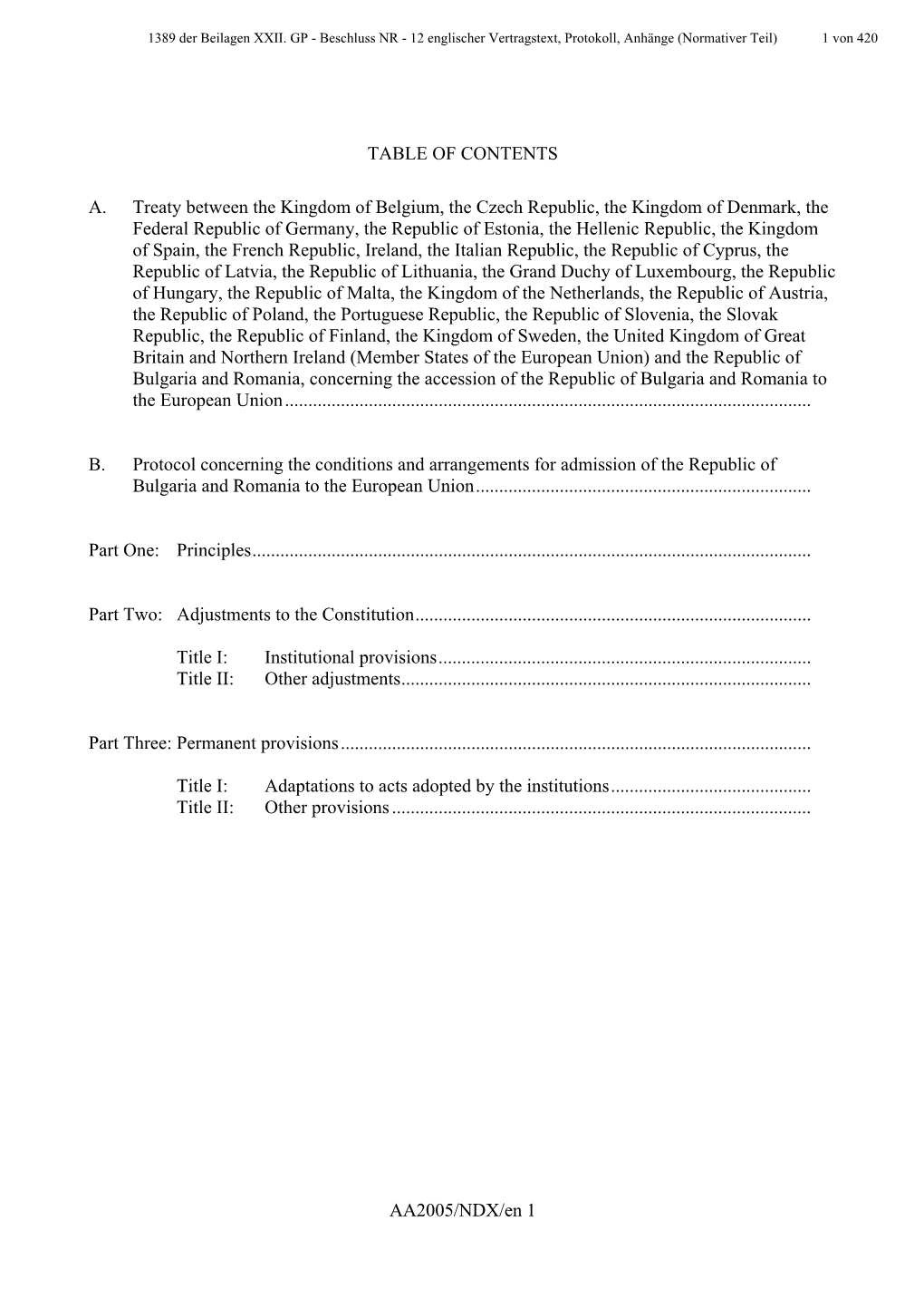 AA2005/NDX/En 1 TABLE of CONTENTS A. Treaty Between The