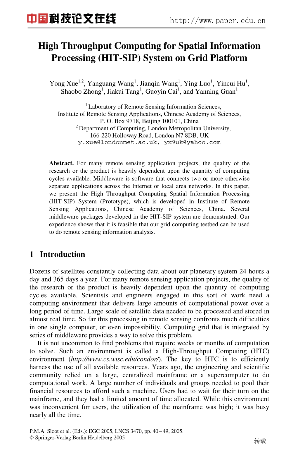 High Throughput Computing for Spatial Information Processing (HIT-SIP) System on Grid Platform