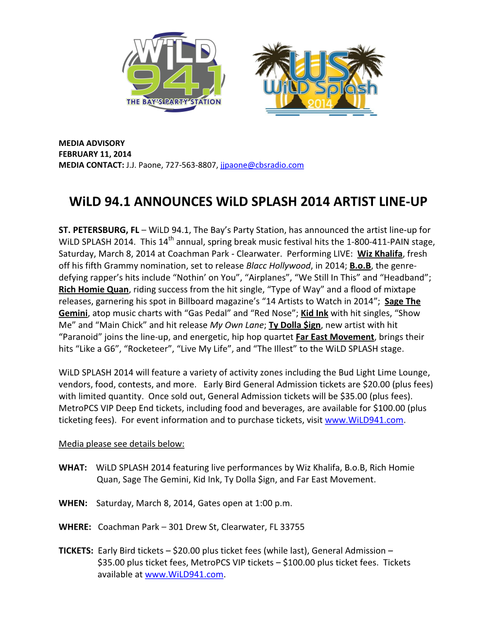 Wild 94.1 ANNOUNCES Wild SPLASH 2014 ARTIST LINE-UP