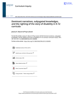 Dominant Narratives, Subjugated Knowledges, and the Righting of the Story of Disability in K-12 Curricula