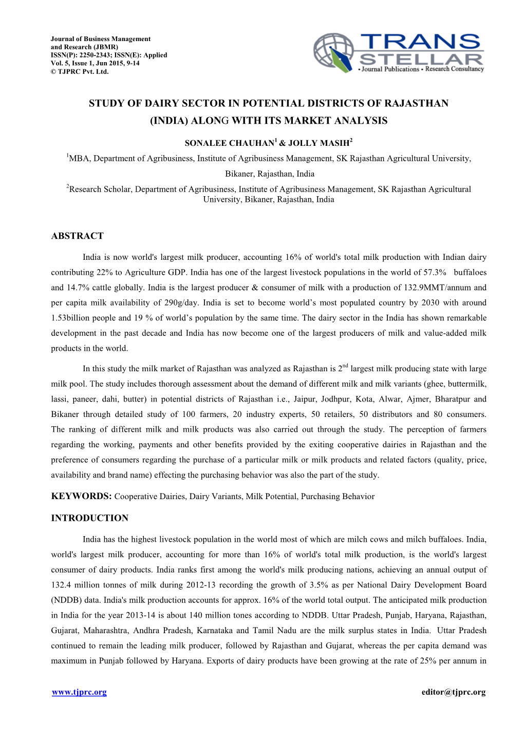 Study of Dairy Sector in Potential Districts of Rajasthan (India) Alon G with Its Market Analysis