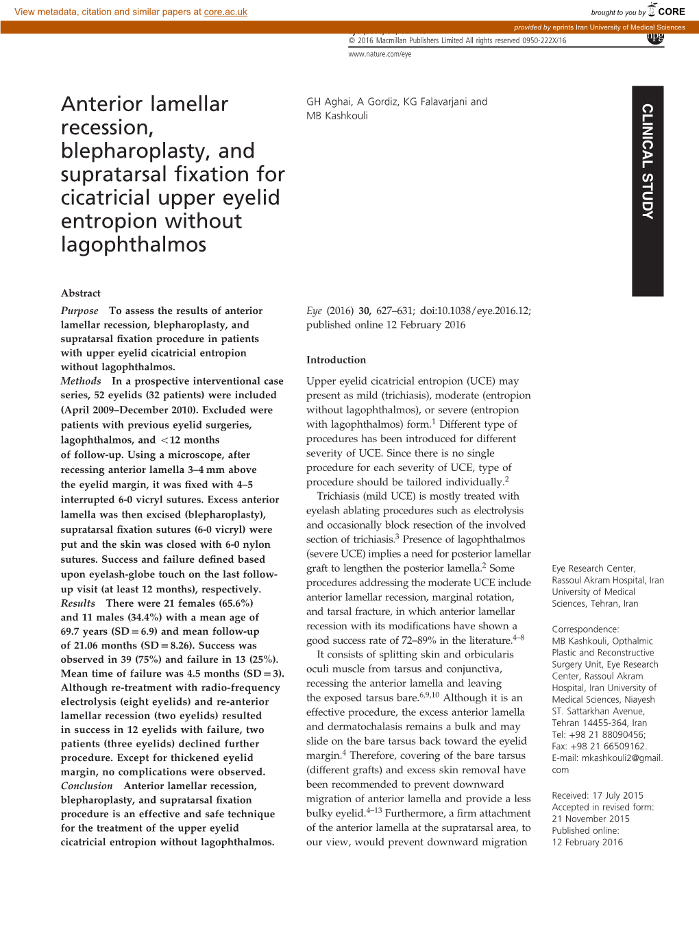 Anterior Lamellar Recession, Blepharoplasty, and Supratarsal Fixation for Cicatricial Upper Eyelid Entropion Without Lagophthalm