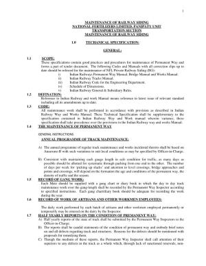 Maintenance of Railway Siding National Fertilizers Limited, Panipaty Unit Transportation Section Maintenance of Railway Siding