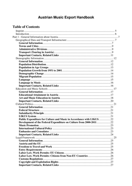 Austrian Music Export Handbook Table of Contents