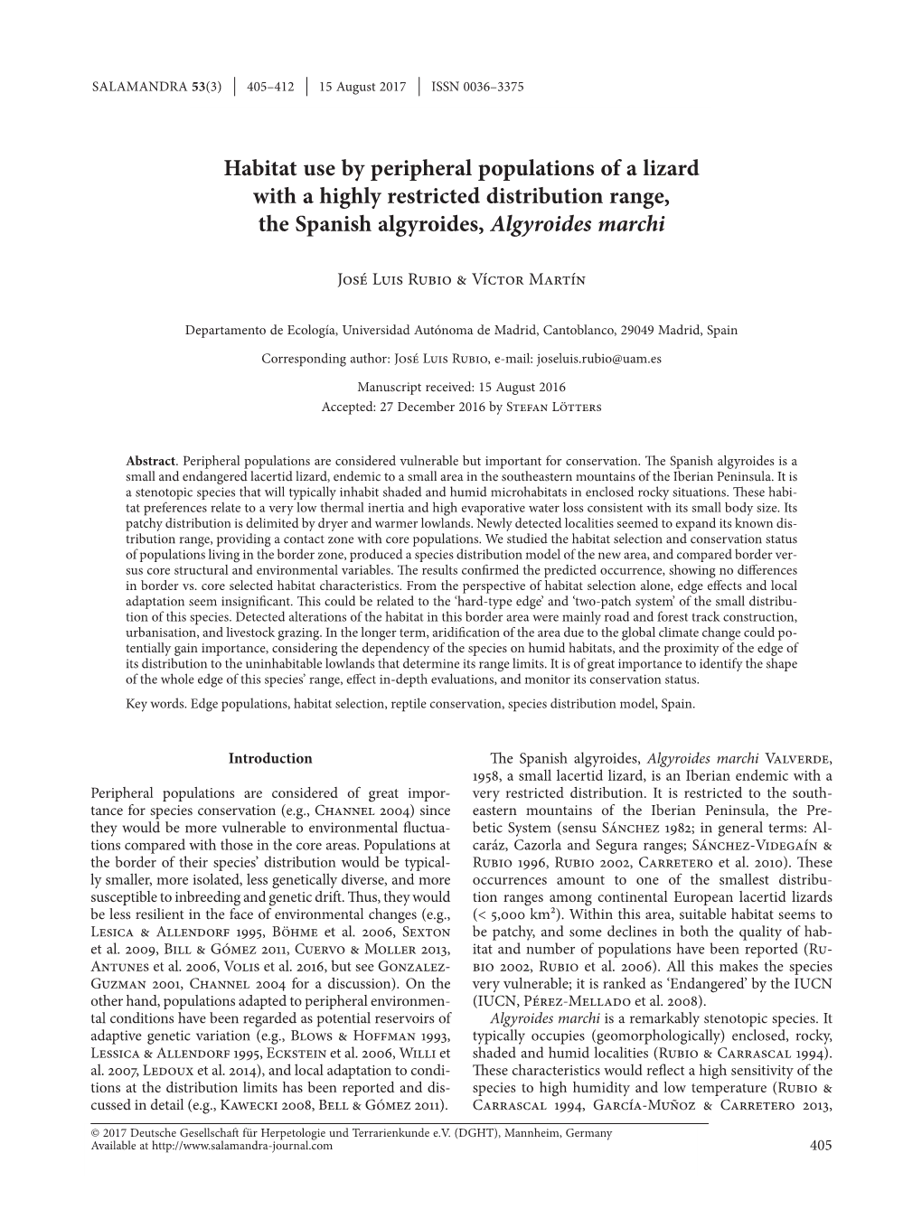 Habitat Use by Peripheral Populations of a Lizard with a Highly Restricted Distribution Range, the Spanish Algyroides, Algyroides Marchi