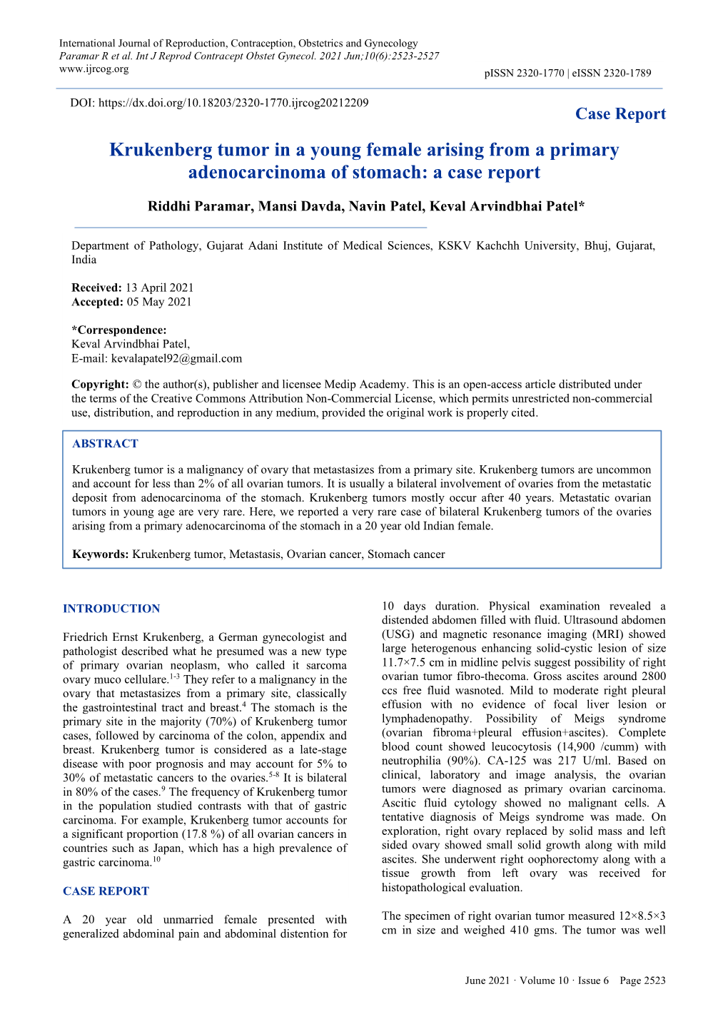 Krukenberg Tumor in a Young Female Arising from a Primary Adenocarcinoma of Stomach: a Case Report