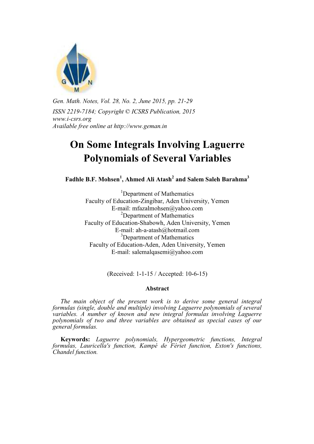 On Some Integrals Involving Laguerre Polynomials of Several Variables