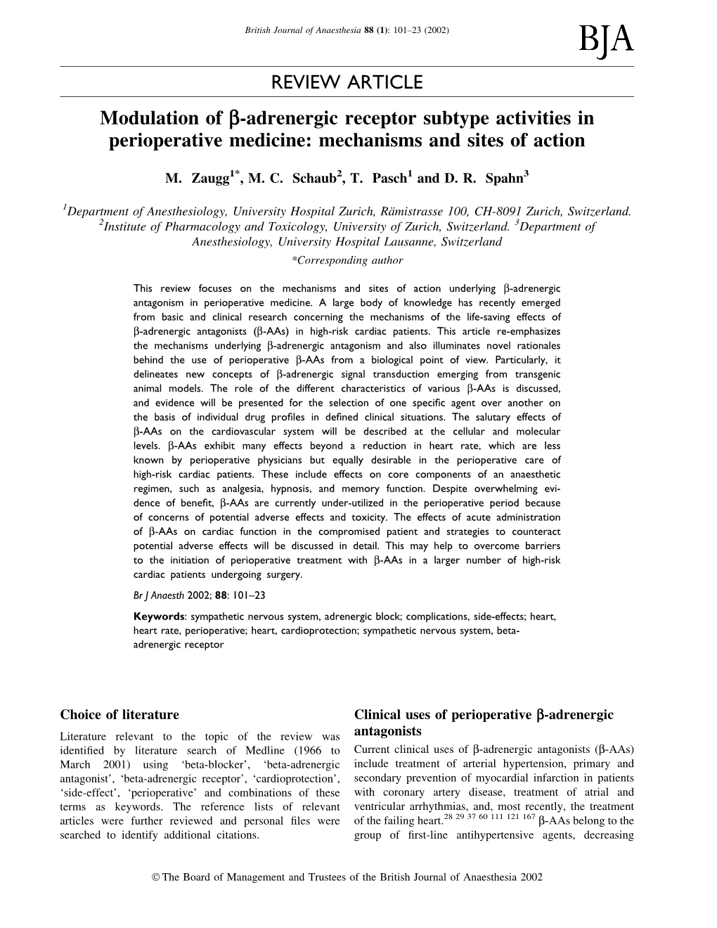 Modulation of B-Adrenergic Receptor Subtype Activities in Perioperative Medicine: Mechanisms and Sites of Action