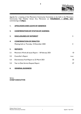 Agenda for a Meeting of the Meremere Community Committee to Be Held