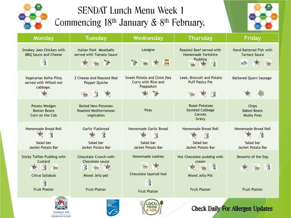 SENDAT Lunch Menu Week 1 Commencing 18Th January & 8Th