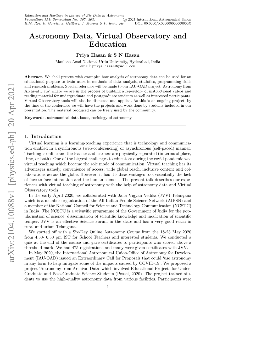 Arxiv:2104.10088V1 [Physics.Ed-Ph] 20 Apr 2021 in Any Form to Help Mitigate Some of the Impacts Caused by COVID-19’