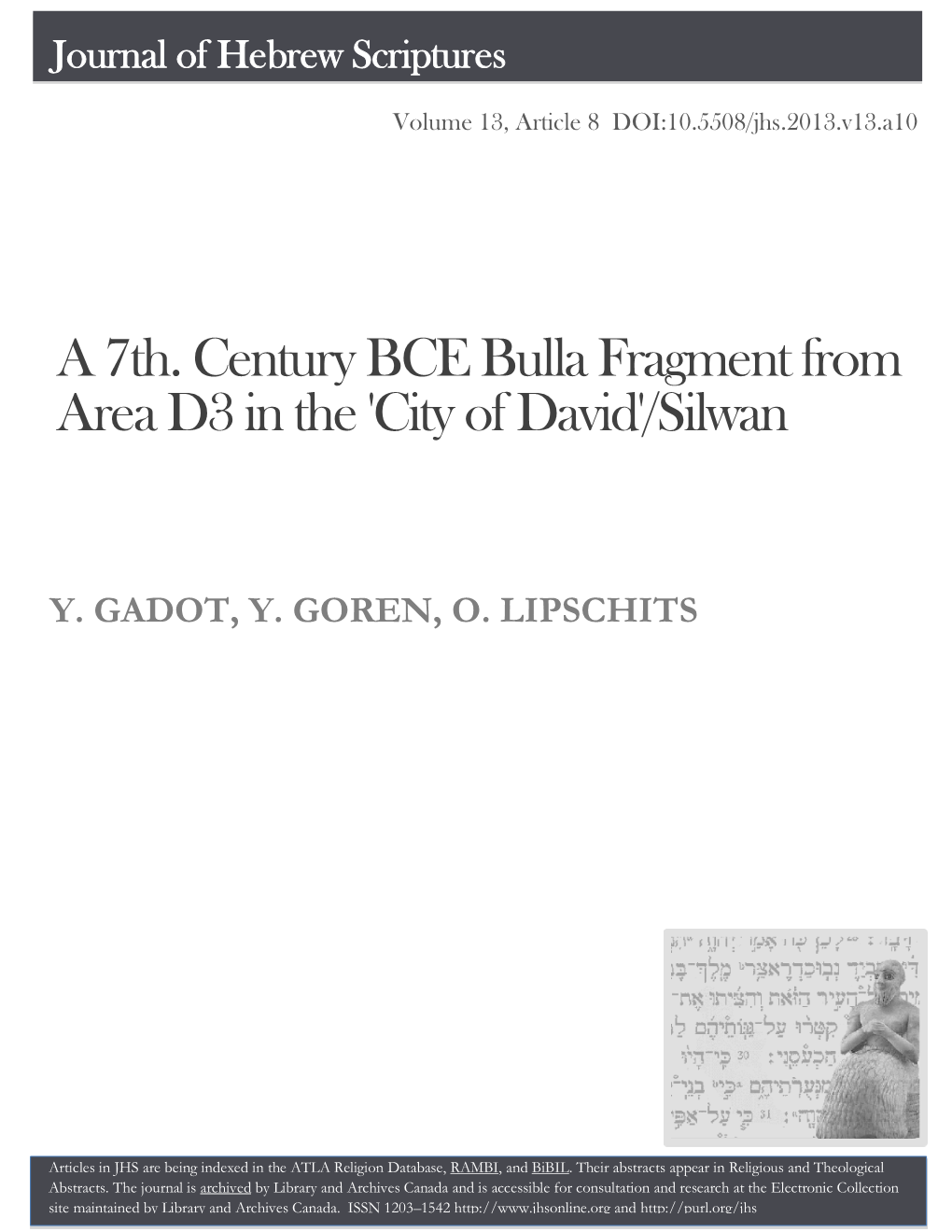 A 7Th Century BCE Bulla Fragment from Area D3 in the 'City of David'