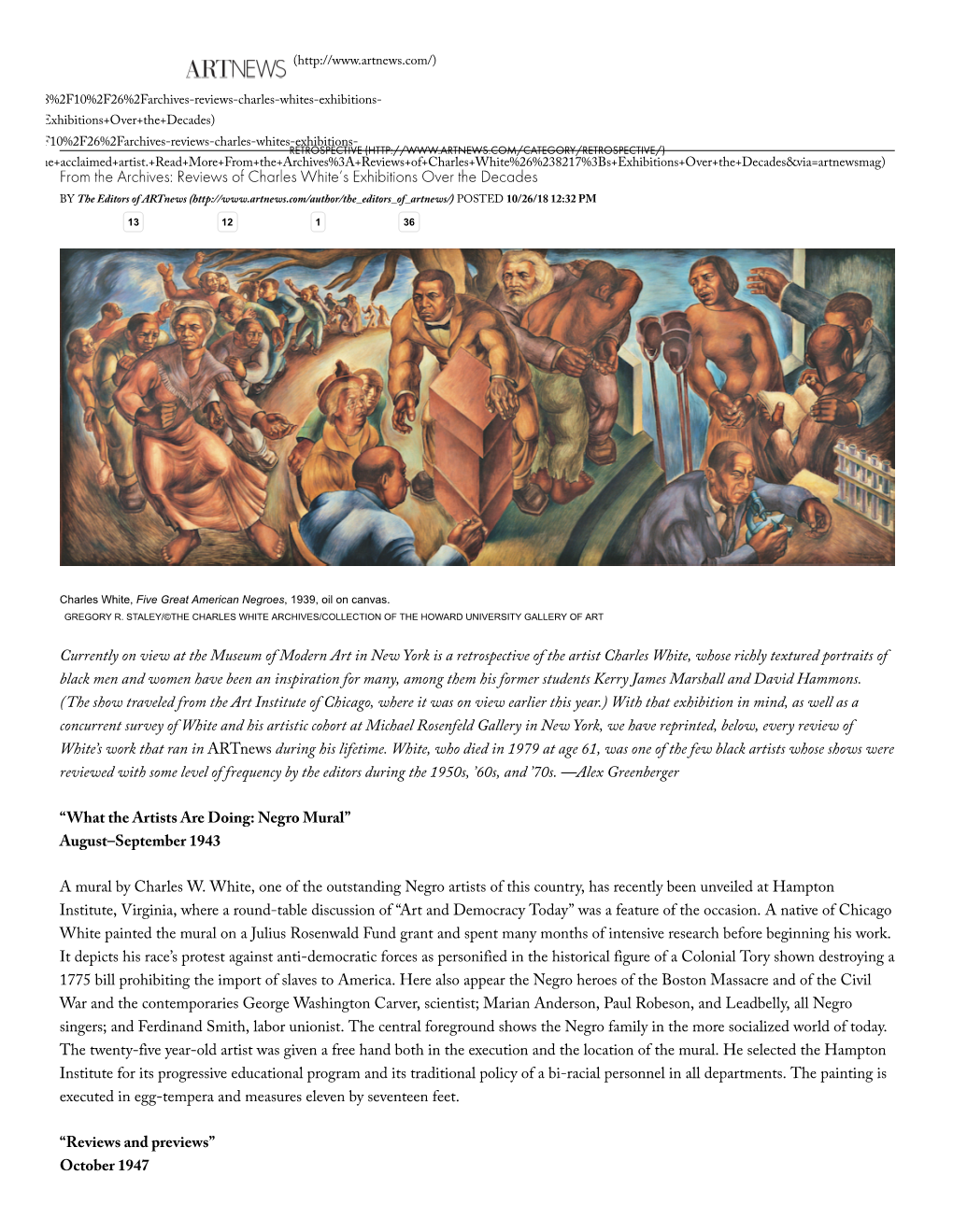 Reviews of Charles White's Exhibitions Over the Decades