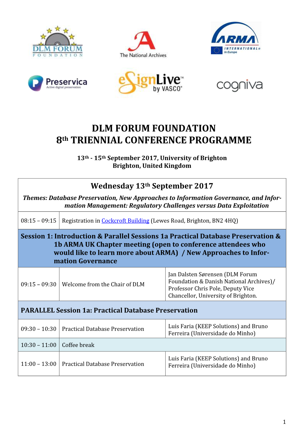 DLM FORUM FOUNDATION 8Th TRIENNIAL CONFERENCE PROGRAMME