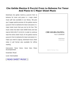 Che Gelida Manina G Puccini from La Boheme for Tenor and Piano in C Major Sheet Music