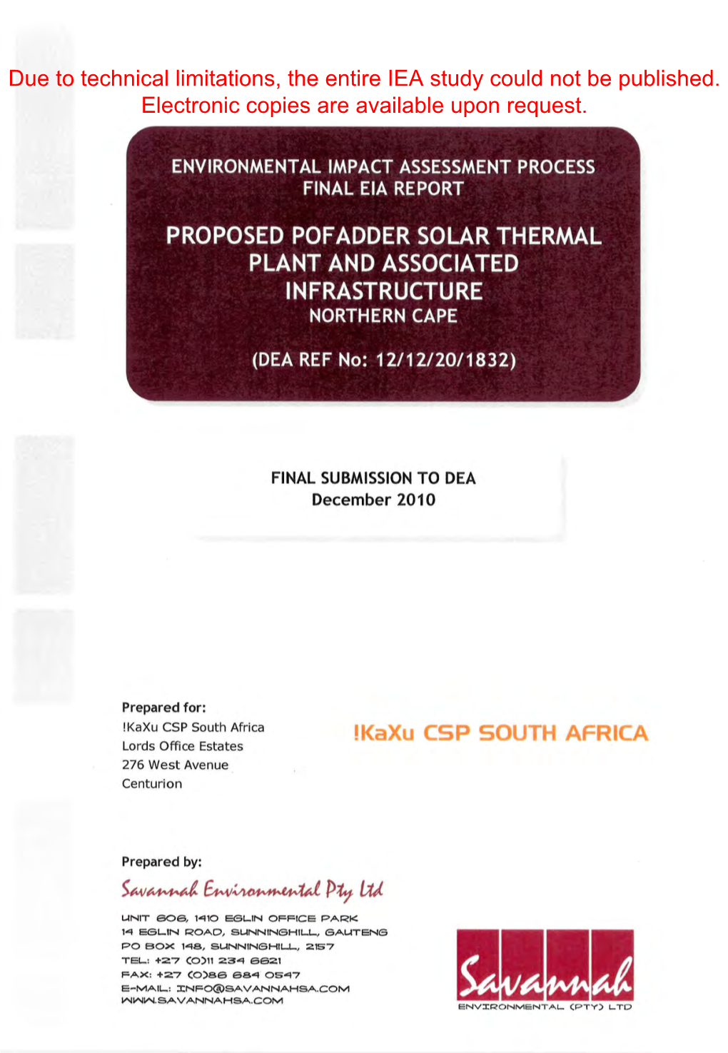 Proposed Pofadder Solar Thermal Plant and Associated Infrastructure on a Site Near Pofadder, Northern Cape