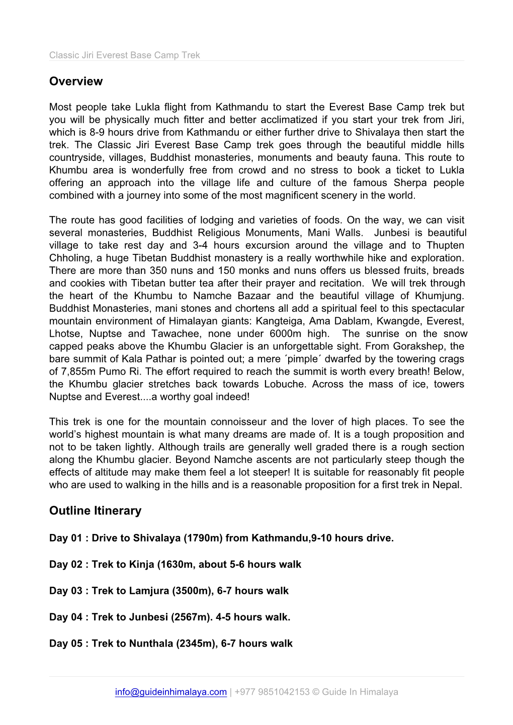 Overview Outline Itinerary