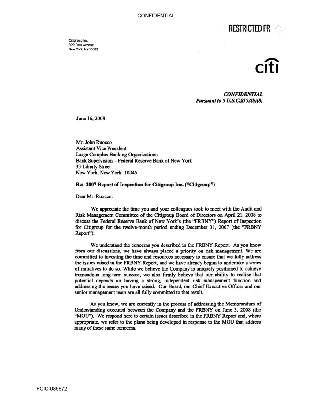 Citi Letter from Brian R Leach and Michael S Helfer to John Ruocco at FRBNY