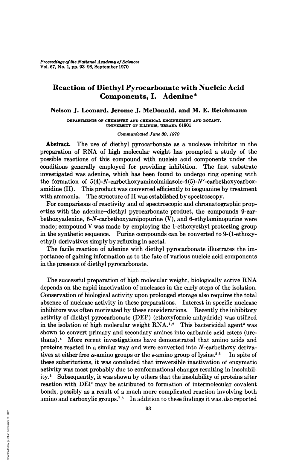 Reaction of Diethyl Pyrocarbonate with Nucleic Acid Components, I