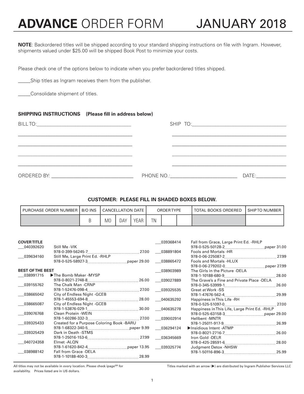 Advance Order Form January 2018