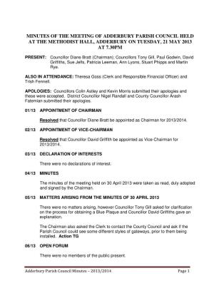 Minutes of the Meeting of Adderbury Parish Council Held at the Methodist Hall, Adderbury on Tuesday, 21 May 2013 at 7.30Pm