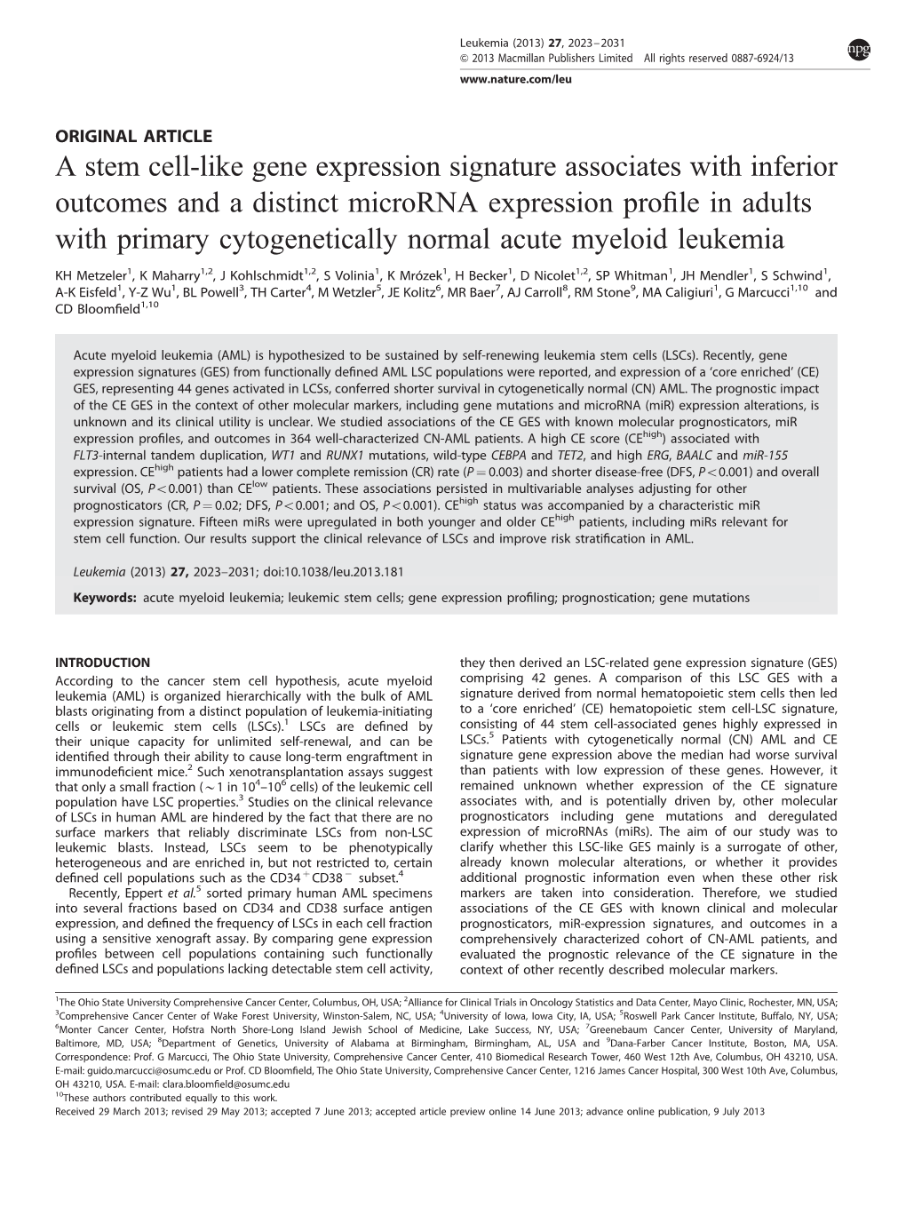 A Stem Cell-Like Gene Expression Signature Associates with Inferior