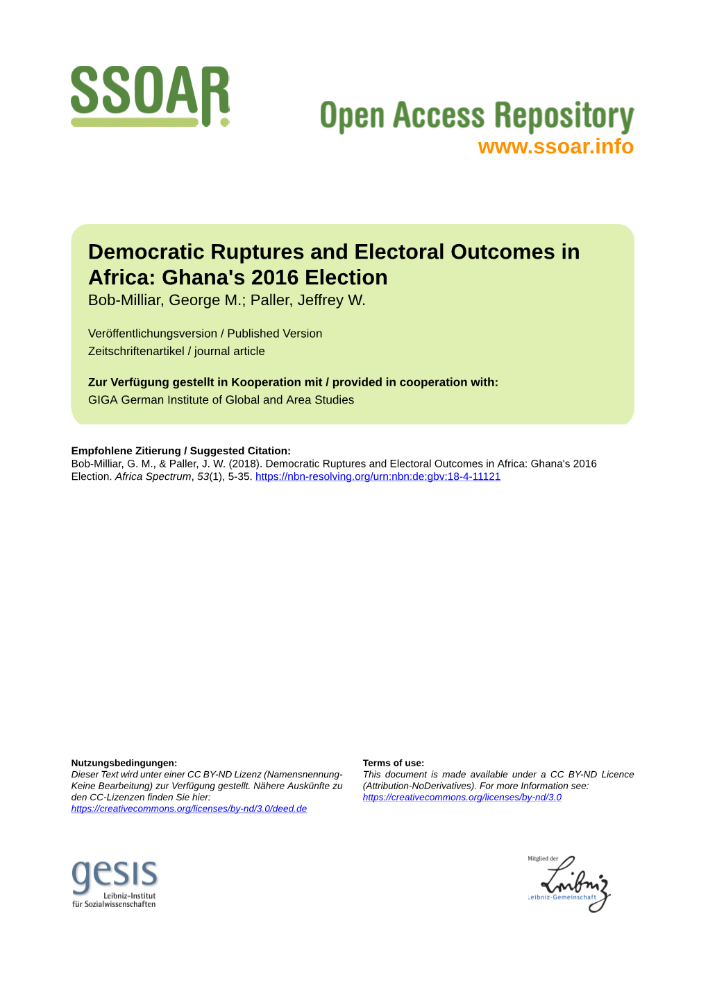 Democratic Ruptures and Electoral Outcomes in Africa: Ghana's 2016 Election Bob-Milliar, George M.; Paller, Jeffrey W