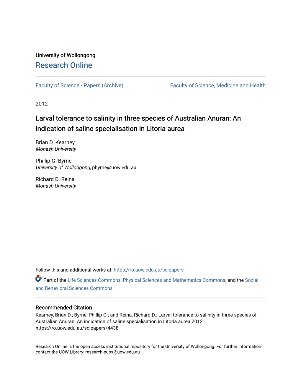 Larval Tolerance to Salinity in Three Species of Australian Anuran: an Indication of Saline Specialisation in Litoria Aurea