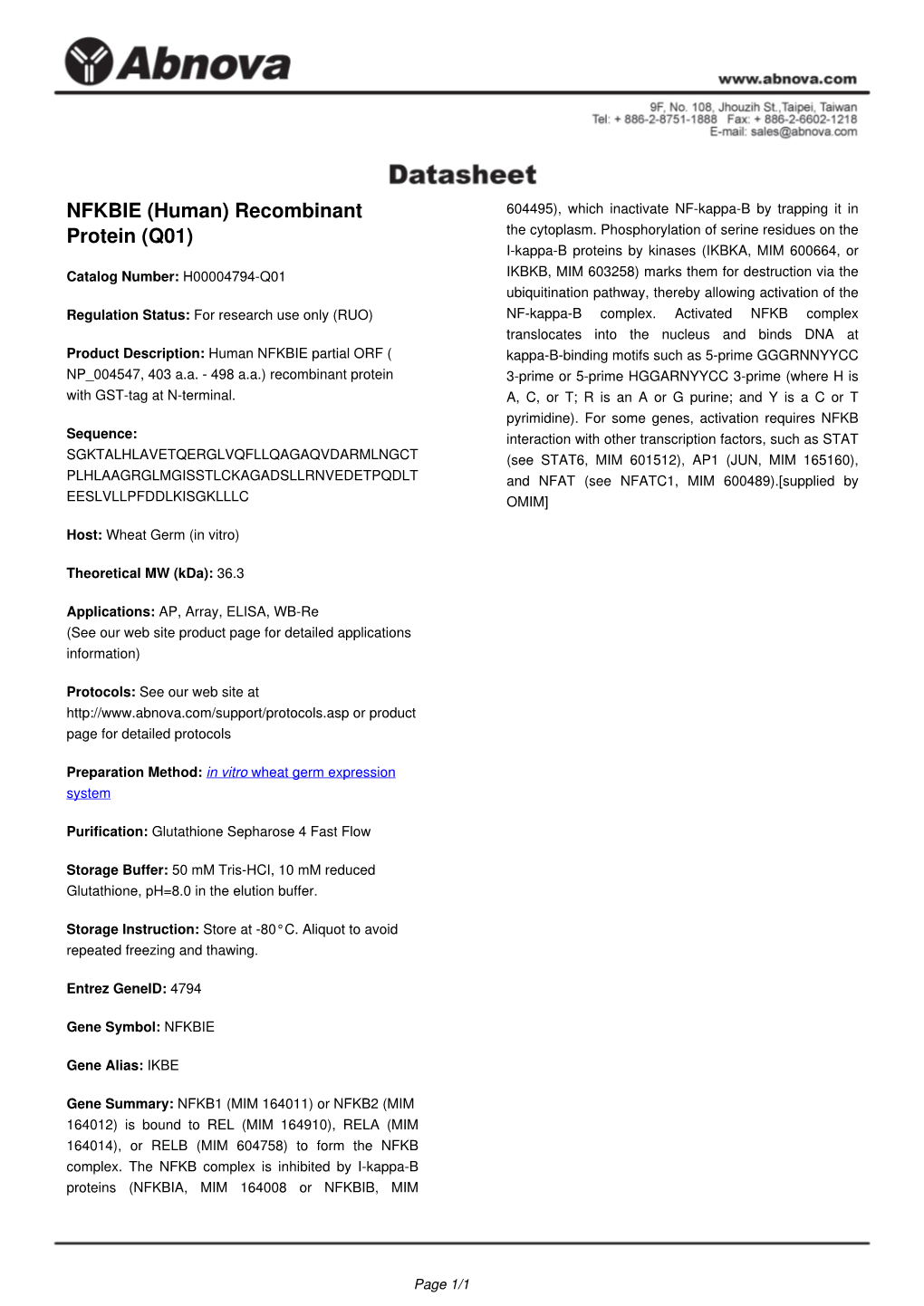 NFKBIE (Human) Recombinant Protein (Q01)