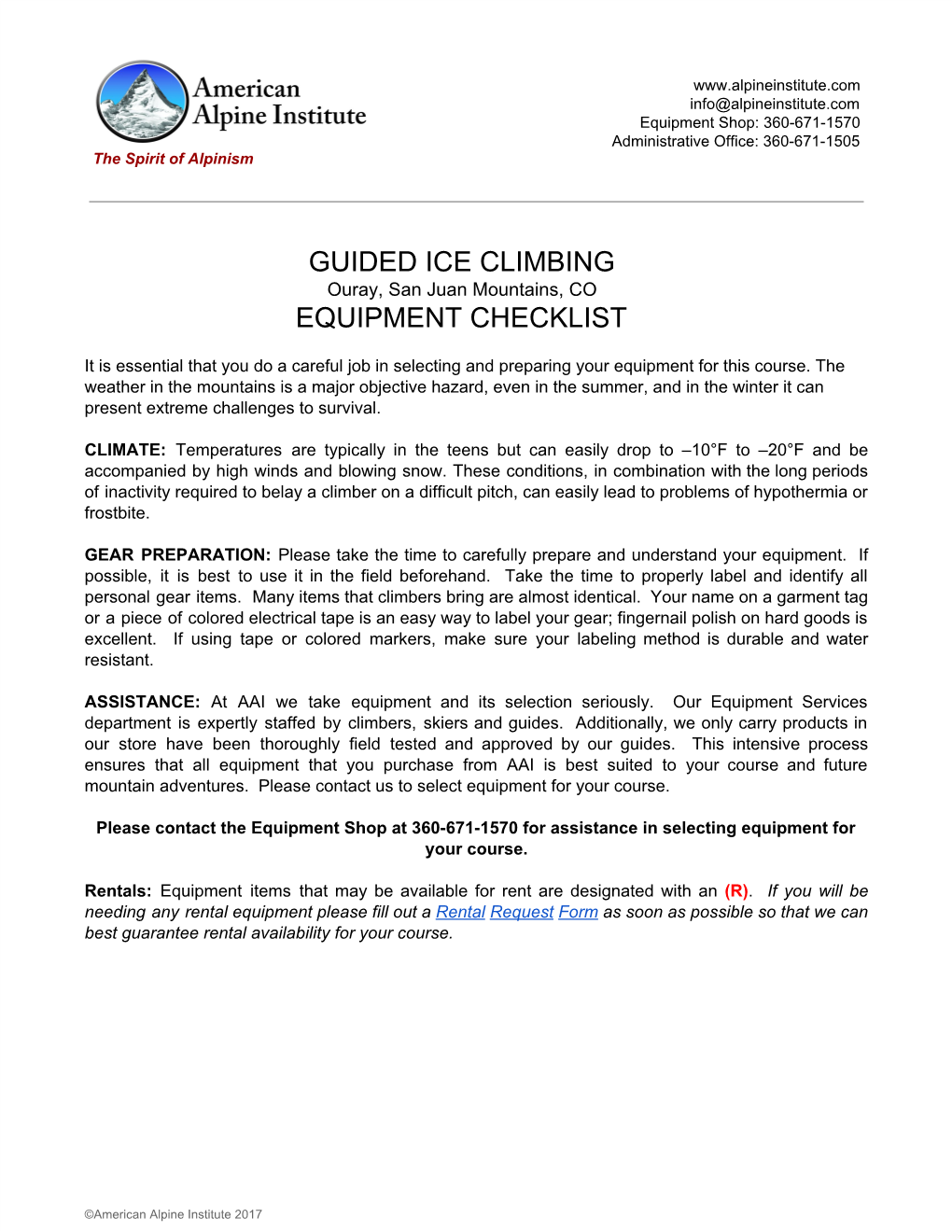 Guided​​Ice​​Climbing Equipment​​Checklist