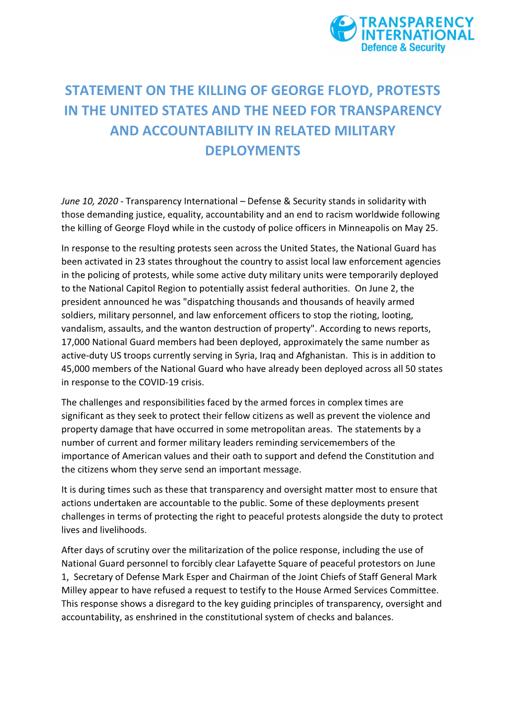 Statement on the Killing of George Floyd, Protests in the United States and the Need for Transparency and Accountability in Related Military Deployments