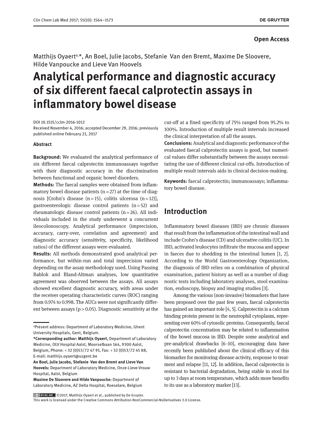 Analytical Performance and Diagnostic Accuracy of Six Different Faecal Calprotectin Assays in Inflammatory Bowel Disease