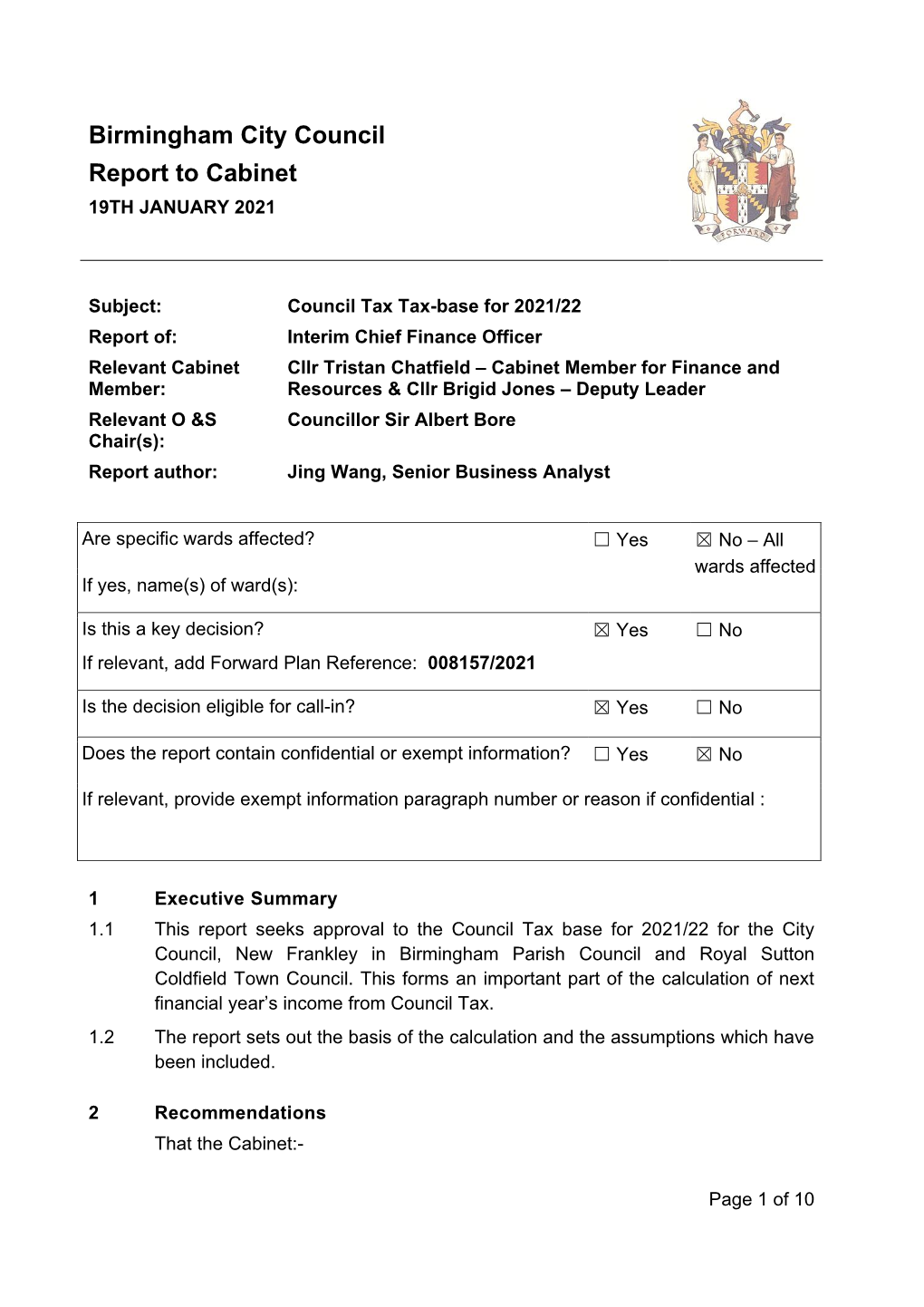 Birmingham City Council Report to Cabinet 19TH JANUARY 2021