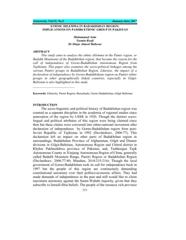 Grassroots, Vol.51, No.I January-June 2017 ETHNIC DILEMMA in BADAKHSHAN REGION: IMPLICATIONS on PAMIRI ETHNIC GROUP in PAKISTAN