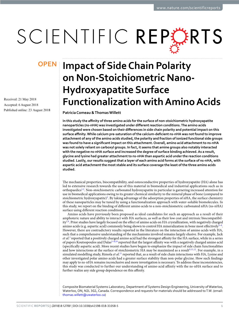 Hydroxyapatite Surface Functionalization with Amino Acids