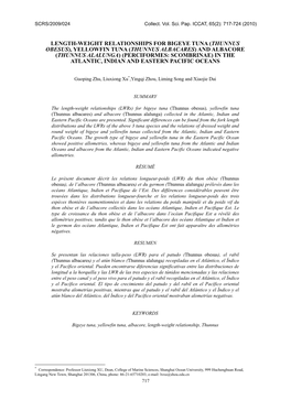 Yellowfin Tuna (Thunnus Albacares) and Albacore (Thunnus Alalunga) (Perciformes: Scombrinae) in the Atlantic, Indian and Eastern Pacific Oceans