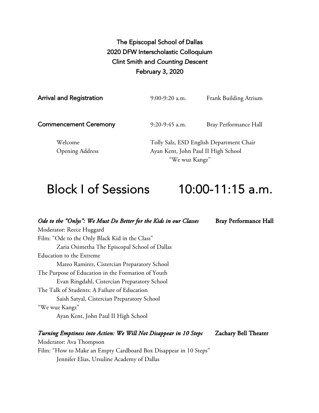 Block I of Sessions 10:00-11:15 A.M