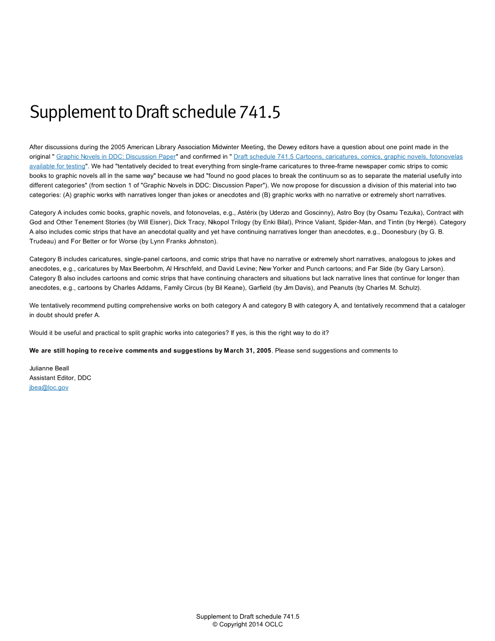 Supplement to Draft Schedule 741.5