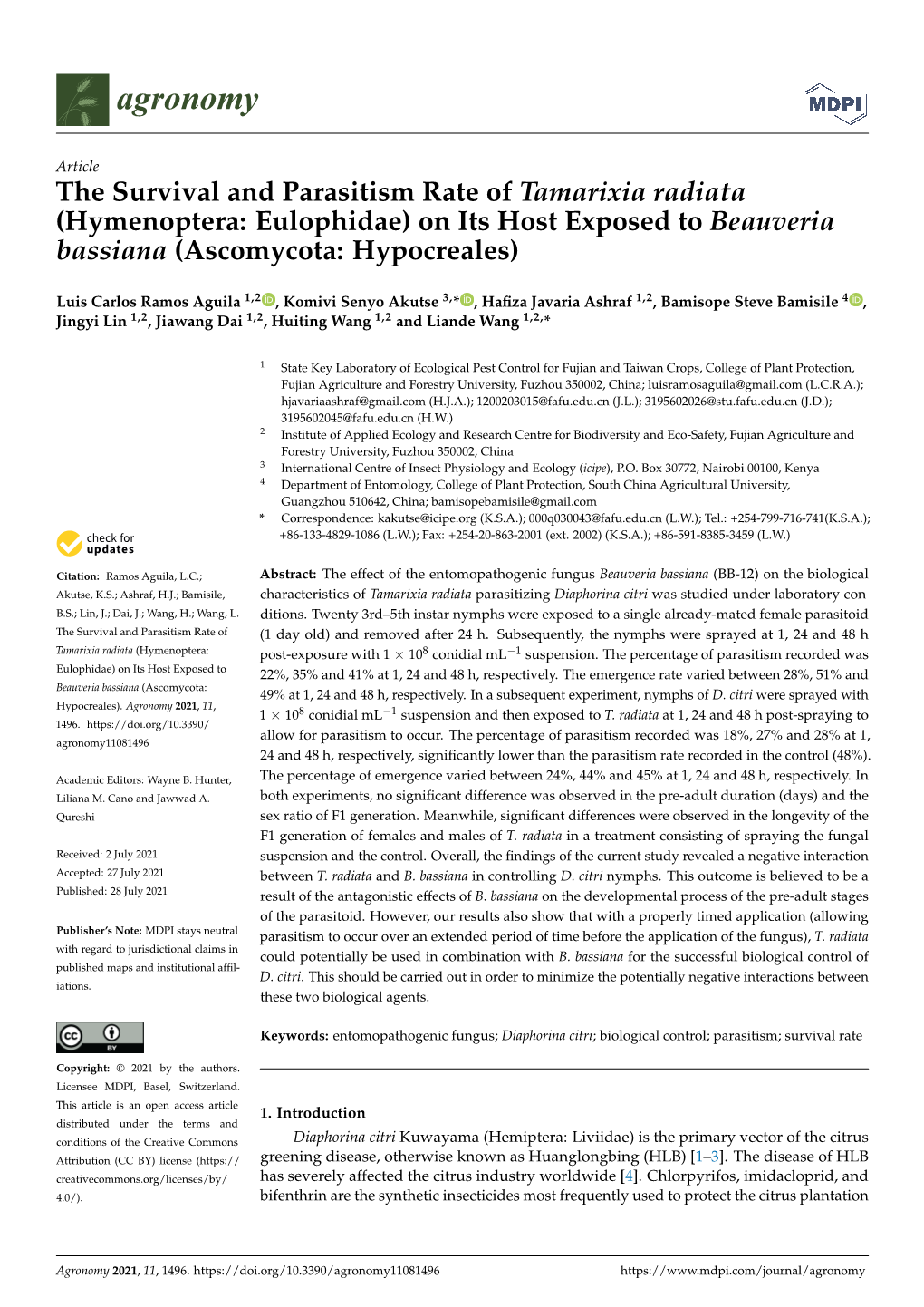 On Its Host Exposed to Beauveria Bassiana (Ascomycota: Hypocreales)