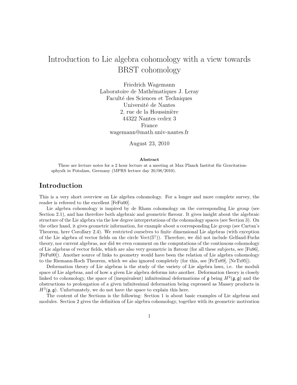 Introduction to Lie Algebra Cohomology with a View Towards BRST Cohomology